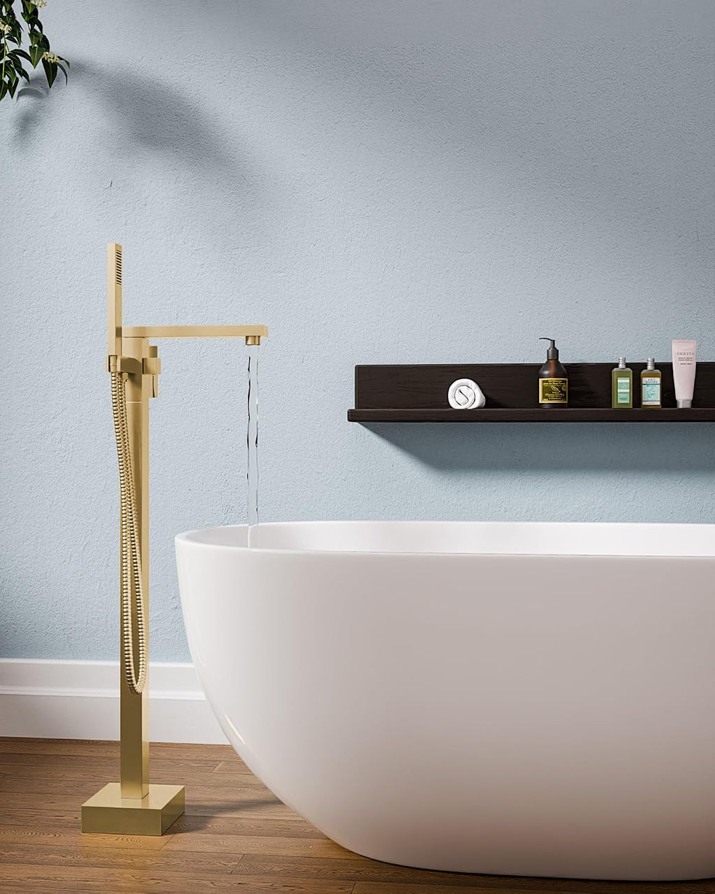 Free Standing Tub Faucet Brushed Gold,Freestanding Bathtub Faucet For Luxury Bathtub,High Flow Tub Filler,Swivel Spout Brass Construction with Handheld Shower