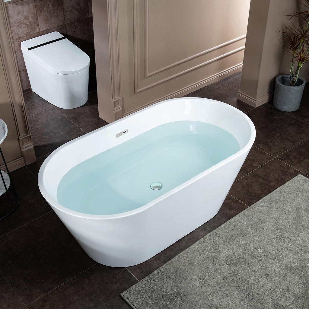 WOODBRIDGE 59' Acrylic Freestanding Bathtub Contemporary Soaking White Tub with Chrome Overflow and Drain