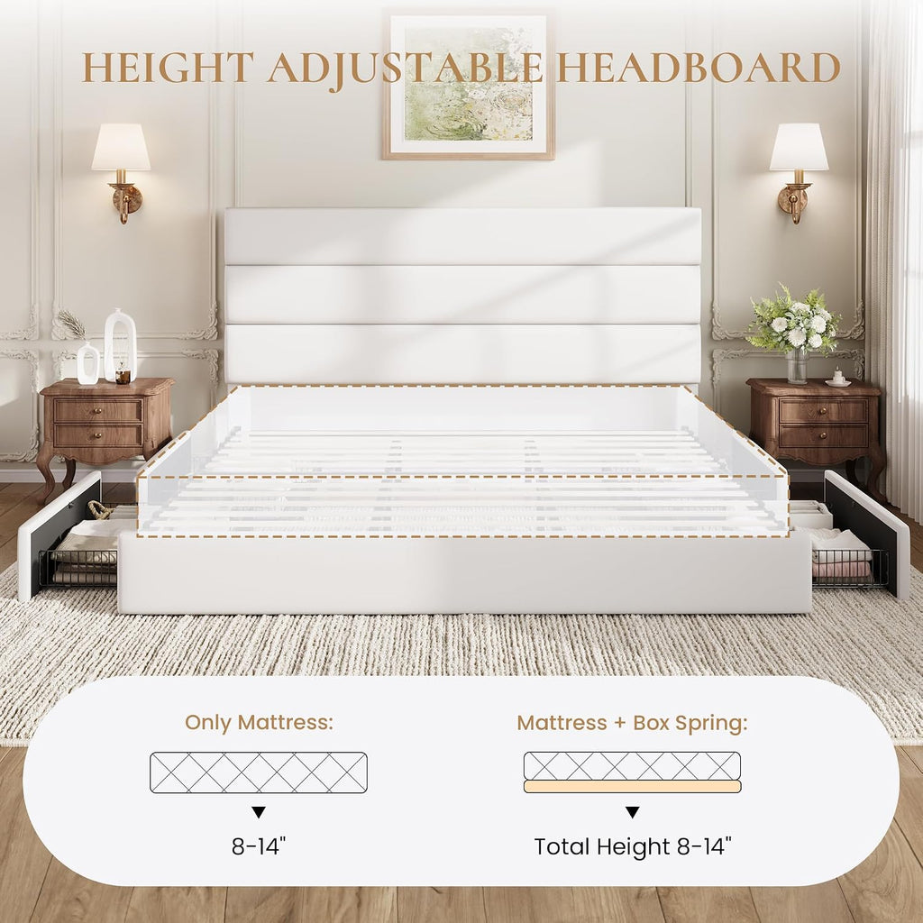 SHA CERLIN King Size Platform Bed Frame with 4 Storage Drawers, Velvet Upholstered Headboard, Mattress Foundation with Wooden Slats Support, No Box Spring Needed, Easy Assembly, White
