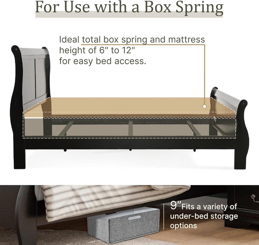 Furniture of America Louis Phillipe Traditional Wood Twin Bed Frame with Headboard and Footboard, Elegant Sleigh Design Bedframe for Bedroom, Guest Room, Easy Assembly, Box Spring Required, Black