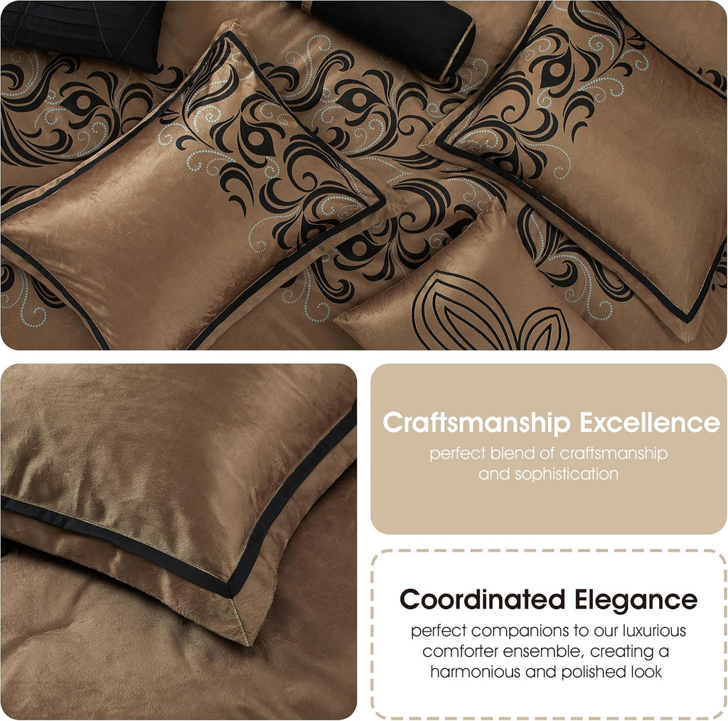 Grand Avenue Brown Floacking & Taffeta Comforter Set Full Size, 7 Pieces Bedding Set, All Season Cozy Comforter, Bedskirt, Pillows & Shams