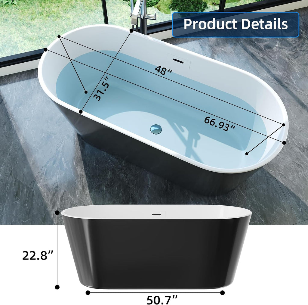67'' Acrylic Freestanding Bathtub, Extra-Deep Soaking Free Standing Tub for Luxurious Bathing Experience, with Chrome Drain, for Main Bathroom, Black & White