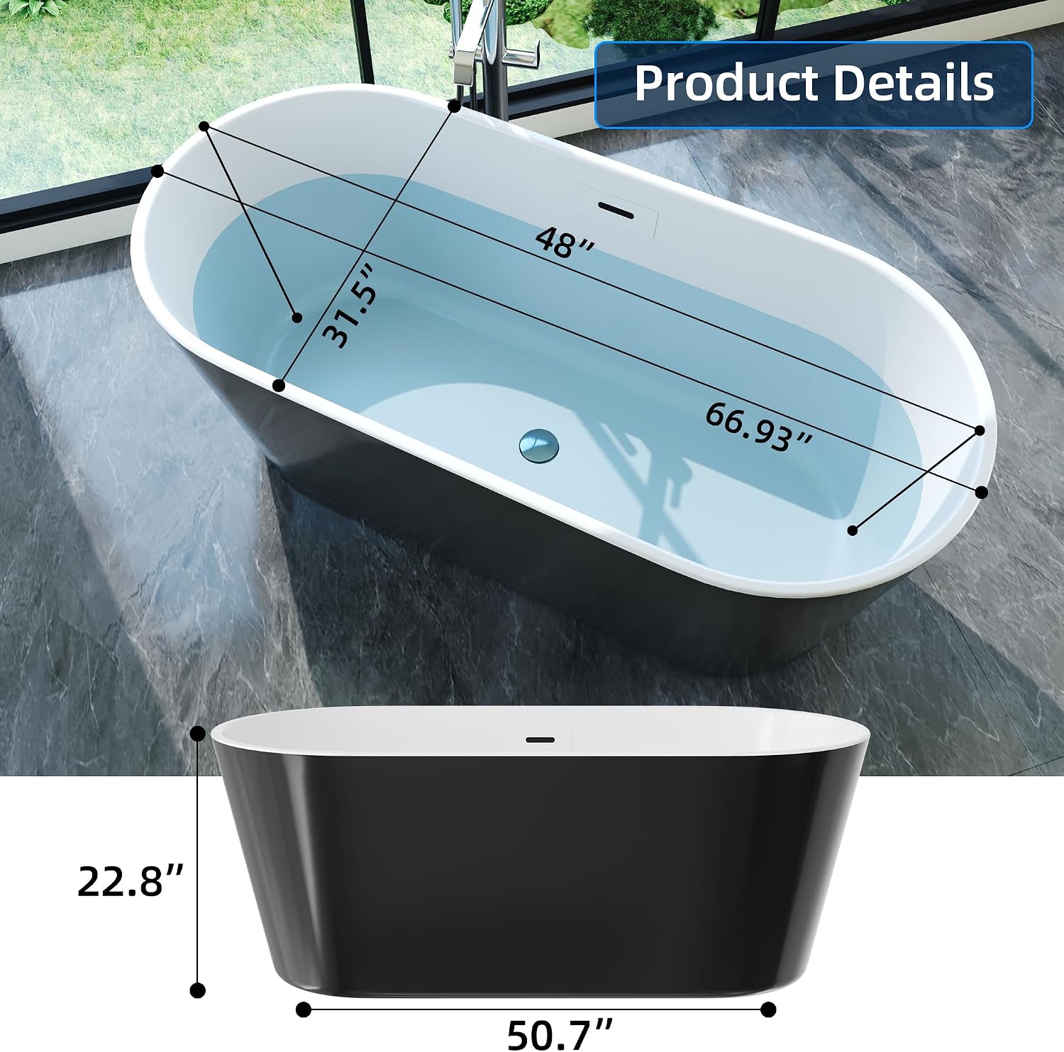 67'' Acrylic Freestanding Bathtub, Extra-Deep Soaking Free Standing Tub for Luxurious Bathing Experience, with Chrome Drain, for Main Bathroom, Black & White