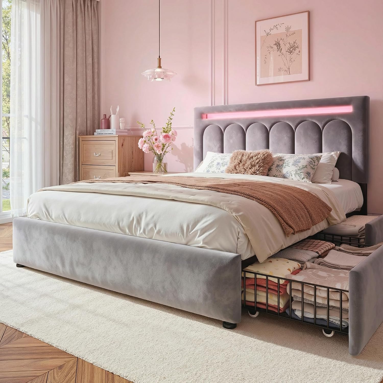 Homkdom Velvet Upholstered Full Size Bed Frame with 4 Storage Drawers, Vertical Arched LED Headboard, Sturdy Wood Slats Support, No Box Spring Needed, Grey