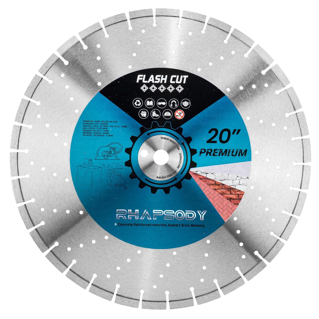 RHAPSODY 20 Inch Laser Welded Diamond Saw Blade, Segmented Premium Diamond Blade General Purpose Dry/Wet Cutting Concrete, Reinforced Concrete, Masonry, Brick, Block, Stone 1' Arbor
