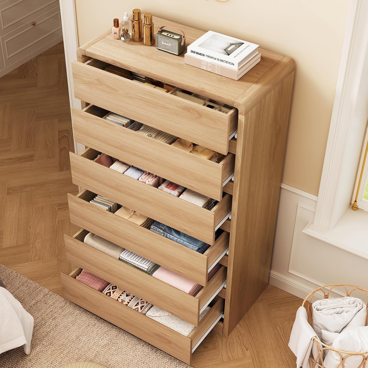 TEENFON Tall Dresser for Bedroom with 6 Drawers, 49.2' Tall Dressers & Chest of Drawers with Curved Profile Design, Wood Closet Storage Dressers Organizer for Bedroom, Living Room, Natural