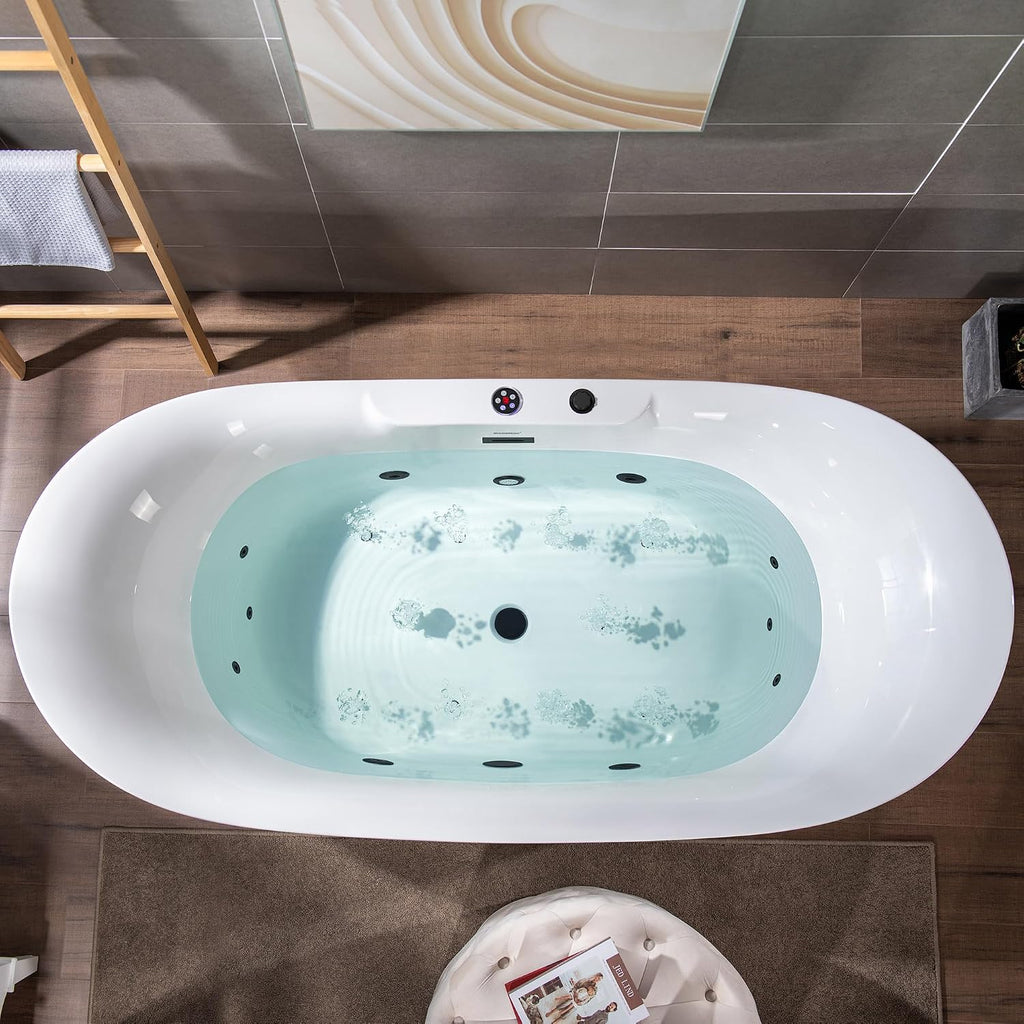 WOODBRIDGE 72' x 35-3/8' Whirlpool Water Jetted and Air Bubble Freestanding Heated Soaking Combination Bathtub with LED control panel,Matte Black drain and overflow,BM-400
