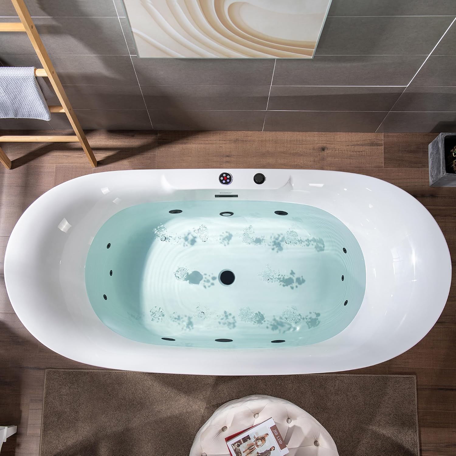 WOODBRIDGE 72' x 35-3/8' Whirlpool Water Jetted and Air Bubble Freestanding Heated Soaking Combination Bathtub with LED control panel,Matte Black drain and overflow,BM-400