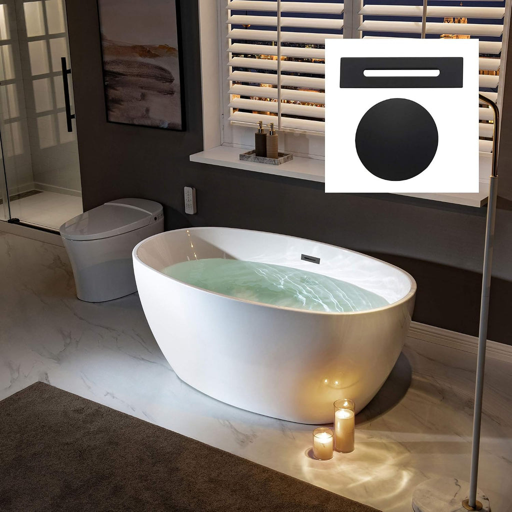 WOODBRIDGE 55' Acrylic Freestanding Bathtub Contemporary Soaking White Tub with Matte Black Overflow and Drain，BTA1418 -MB-Drain &O