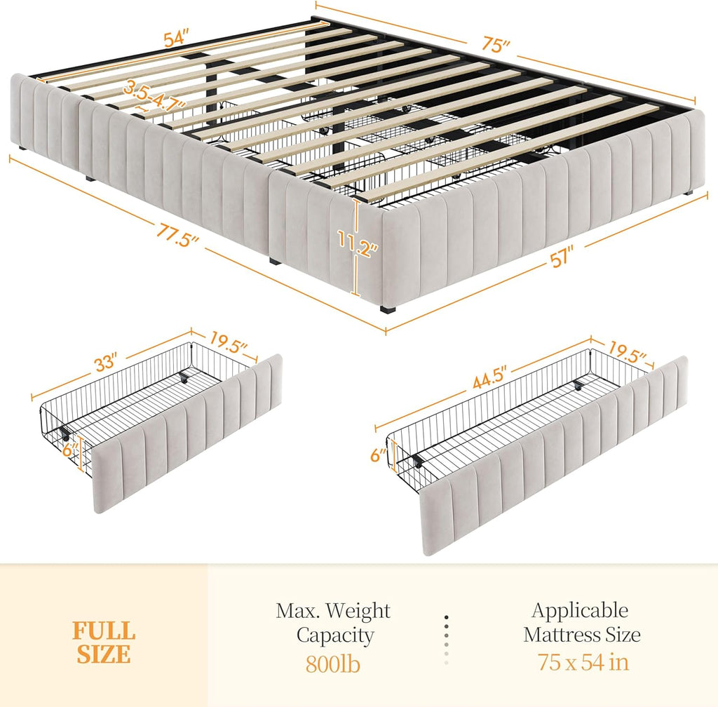 Yaheetech Full Bed Frame Upholstered Platform Bed with 3 Storage Drawers, Large Storage Space/Strong Wooden Slats/Non-Slip and Noise-Free/No Fixed Headboard/No Box Spring Needed/Beige Full Bed