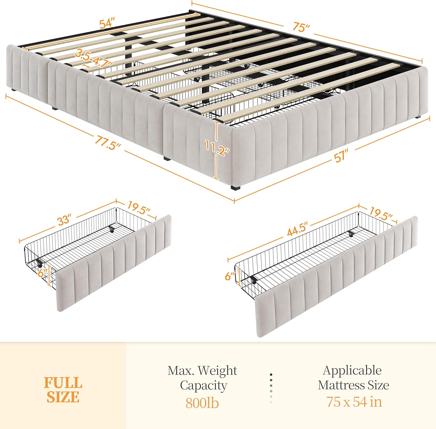 Yaheetech Full Bed Frame Upholstered Platform Bed with 3 Storage Drawers, Large Storage Space/Strong Wooden Slats/Non-Slip and Noise-Free/No Fixed Headboard/No Box Spring Needed/Beige Full Bed