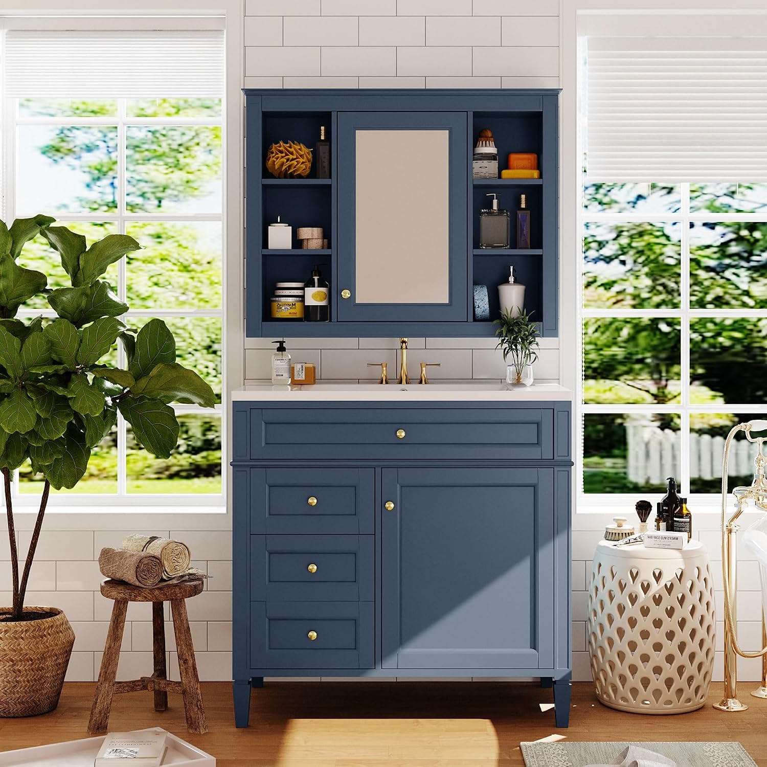 Merax 36'' Bathroom Vanity with Medicine Cabinet, Royal Blue Mirror Cabinet, Modern Bathroom Storage Cabinet with 2 Soft Closing Doors and 4 Drawers, Blue
