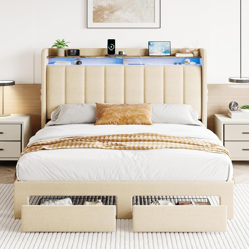 SHA CERLIN Queen Platform Bed Frame with Vertical Channel Tufted Wingback Headboard & 2 Storage Drawers/2-Tier Shelves with LED Lights & Charging Station/Noise-Free/No Box Spring Needed/Beige