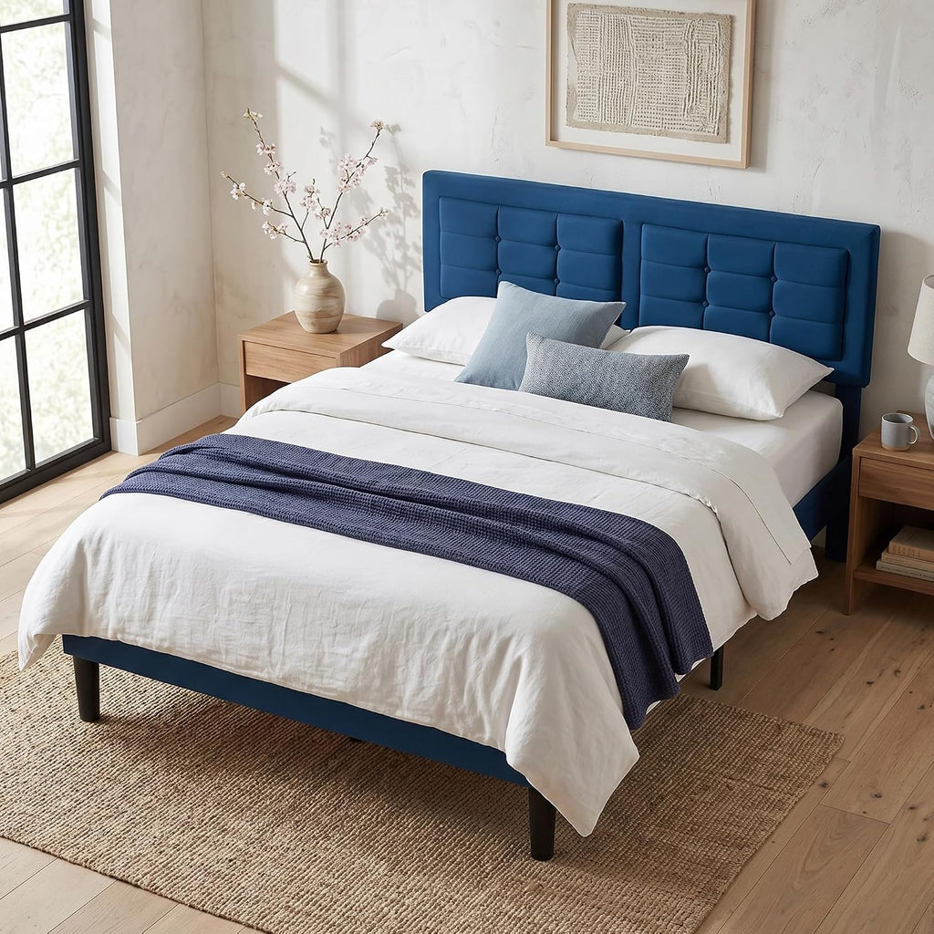 VECELO Queen Size Bed Frame, Adjustable Upholstered Button Tufted Headboard, Heavy-Duty Bedframe with Wood Slats Support, No Box Spring Needed, Aegean Blue