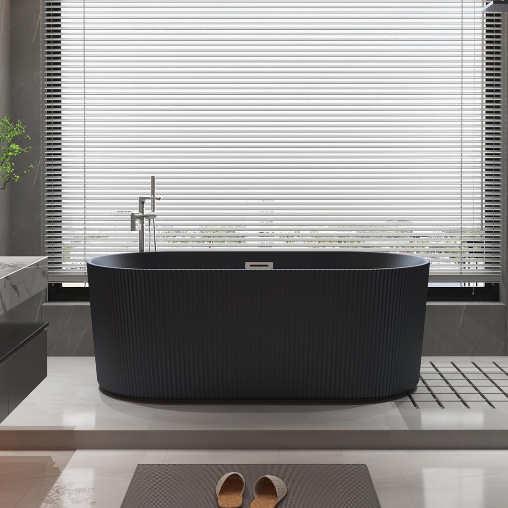 Black 67 inch Fluted Style Freestanding Soaking Bathtub, Modern Stand Alone Free Standing Acrylic Tub with Center Drain & Overflow