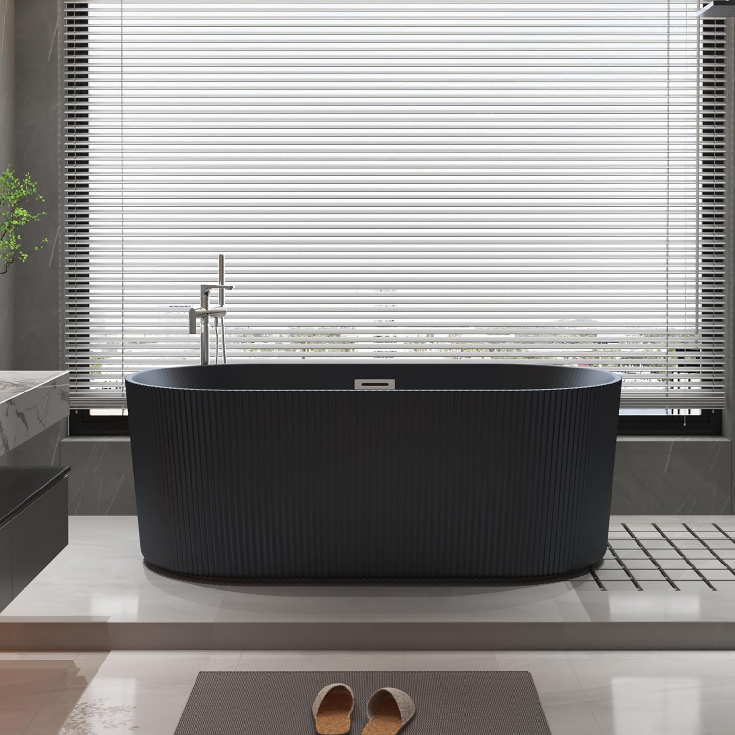 Black 67 inch Fluted Style Freestanding Soaking Bathtub, Modern Stand Alone Free Standing Acrylic Tub with Center Drain & Overflow