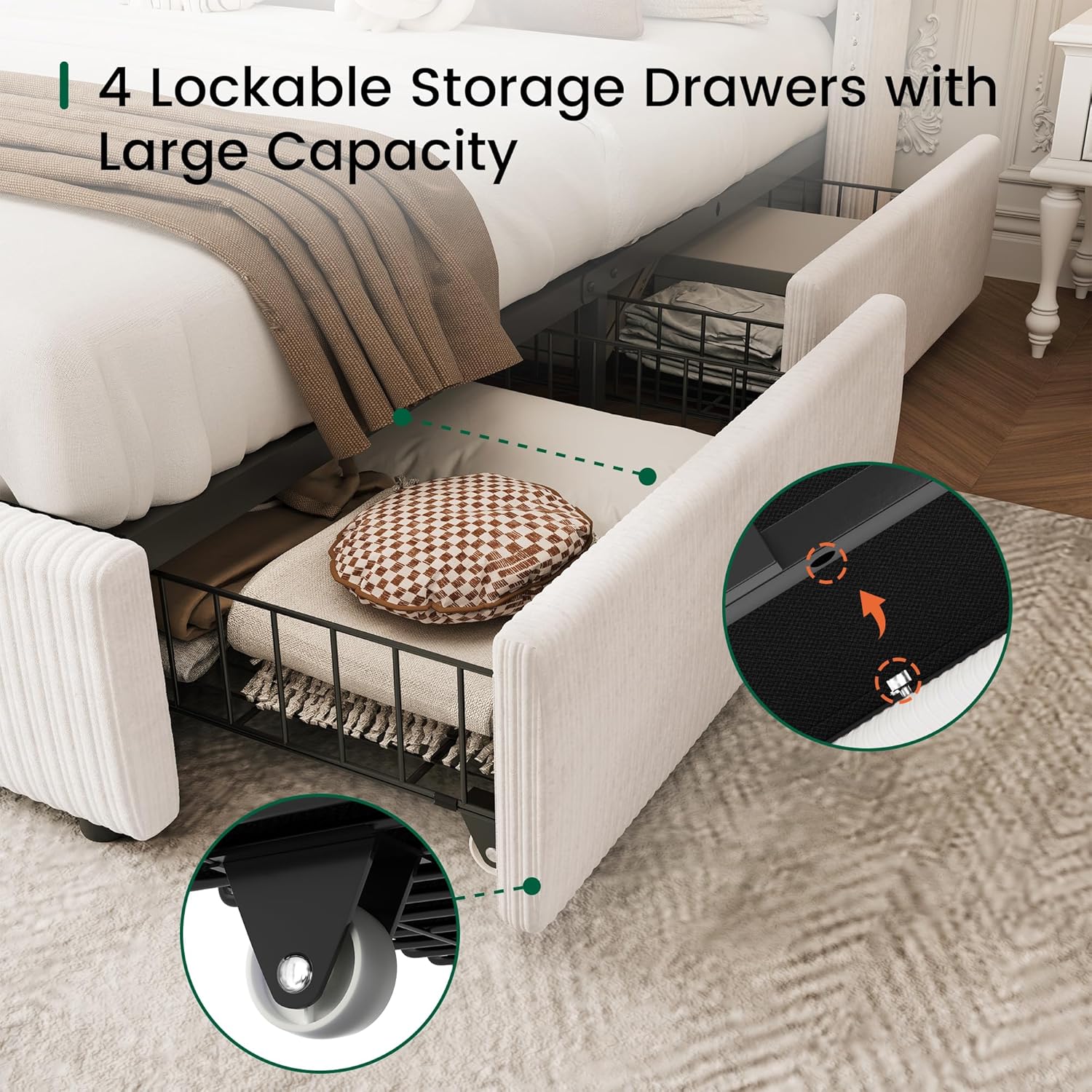LARMACE King Size Bed Frame with 4 Storage Drawers Modern White Corduroy Upholstered Platform Bed Frame with Headboard Tufted Vertical Stripe &Wooden Slats Support, No Box Spring Need,Easy Assembly
