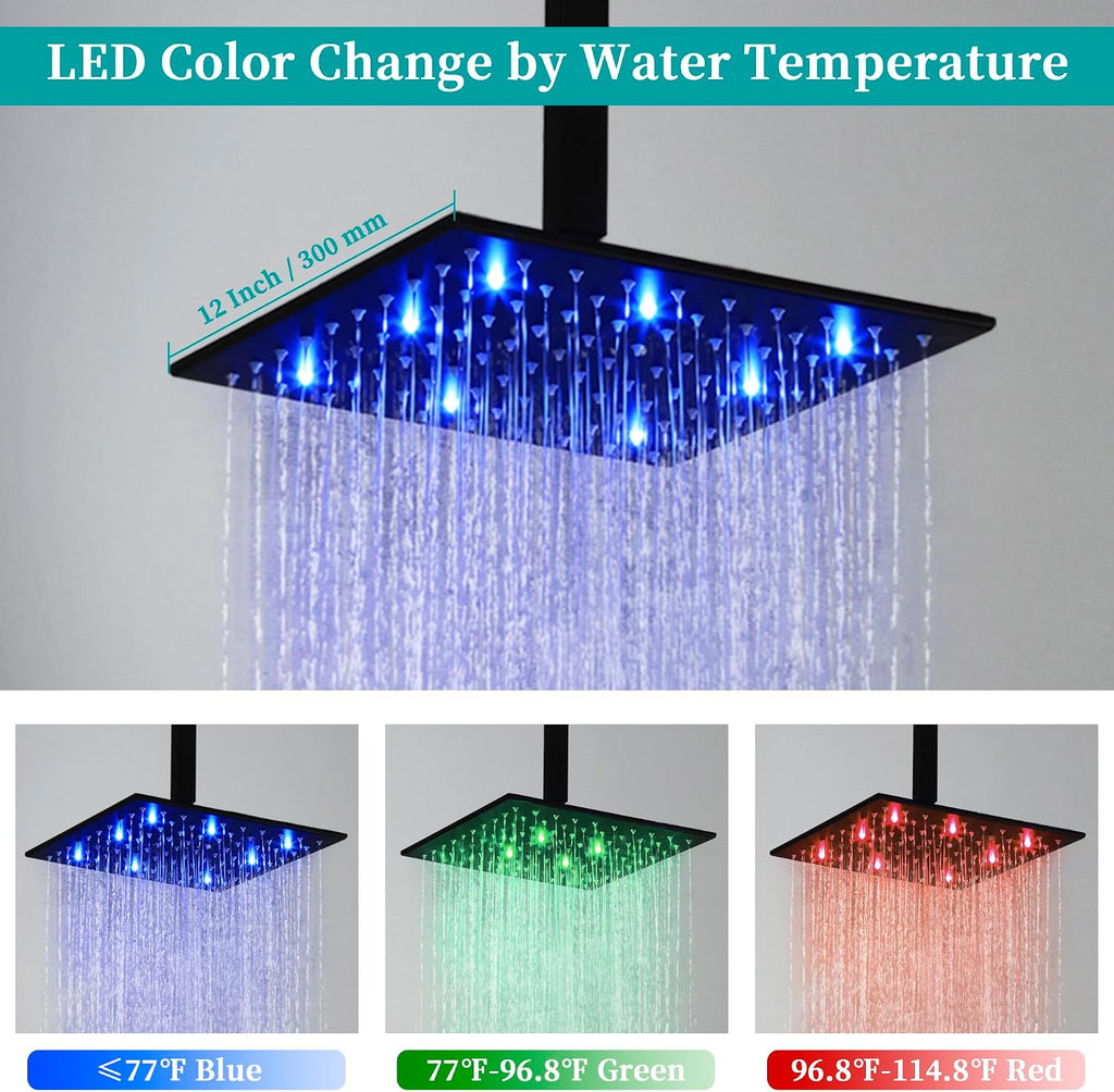 SKOWLL Shower Faucets Sets Complete Ceiling Mount 12 Inch LED Shower Head System with Handheld, Bathroom Rainfall Shower Fixtures Valve Kit, 3 Color Changing Showerhead, Matte Black