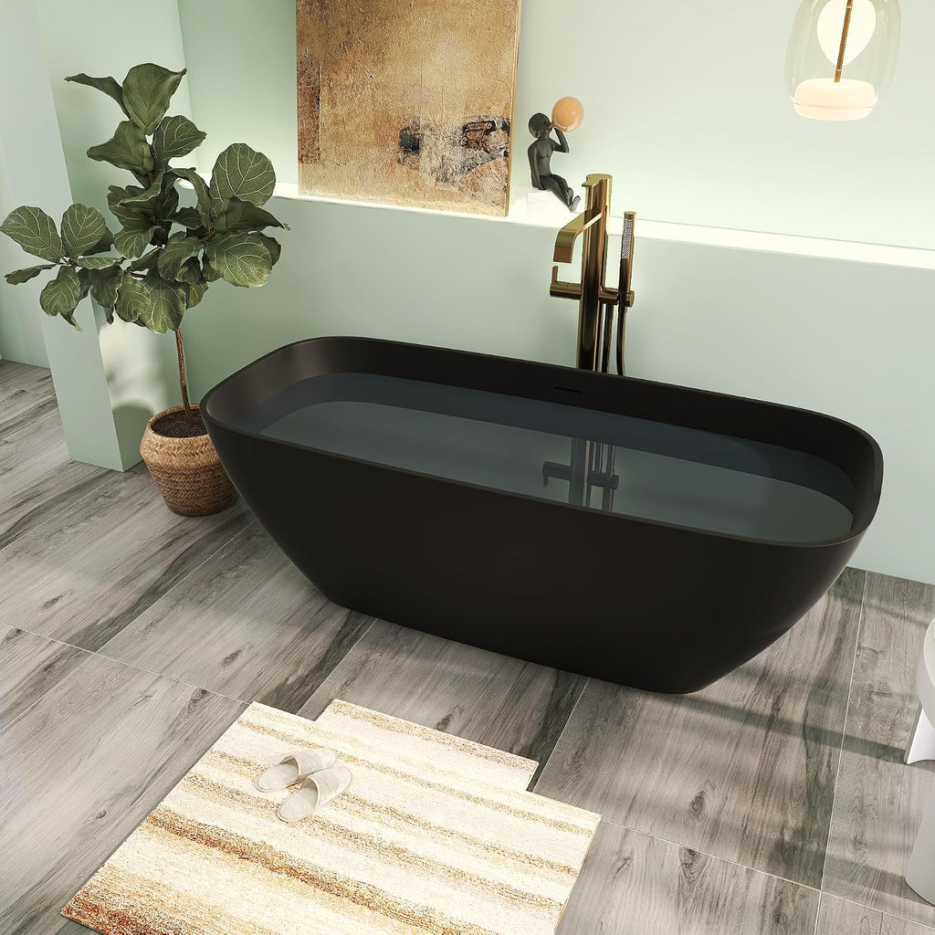 67' Premium Solid Surface Freestanding Bathtub, Upgraded Oval Stone Resin Soaking Tubs with Overflow and Pop-up Drain, Matte Black