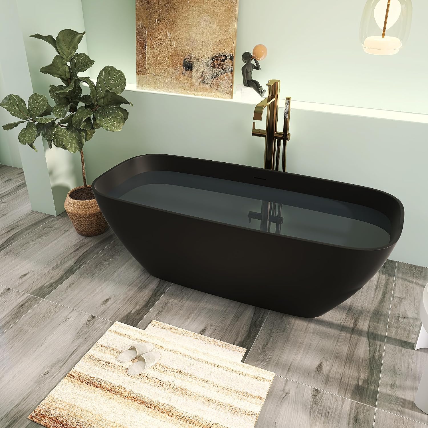 67' Premium Solid Surface Freestanding Bathtub, Upgraded Oval Stone Resin Soaking Tubs with Overflow and Pop-up Drain, Matte Black