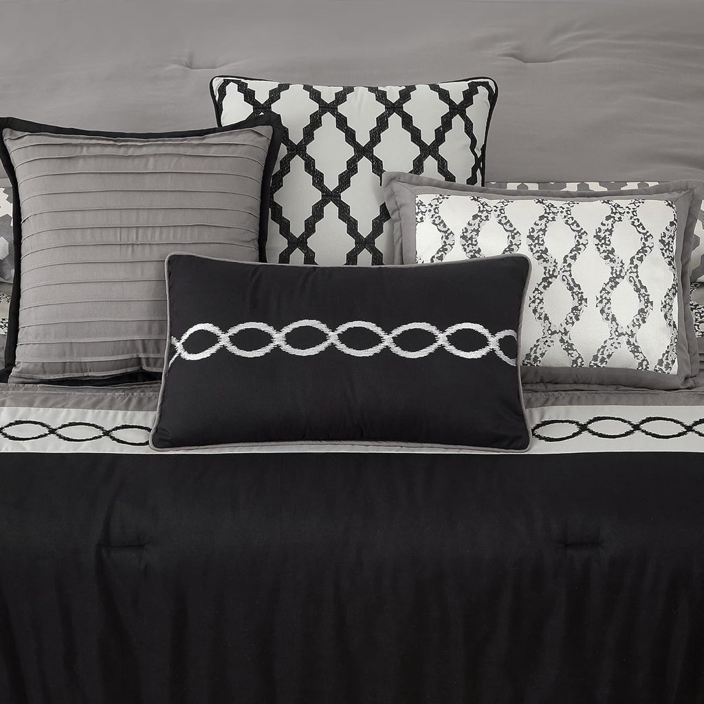 LANCO MODERN LIFESTYLE Queen Comforter Set, Black, 10 Piece Bed in a Bag for All Seasons, Luxury Extreme Comfort Bedding Sets with Bedskirt, Pillow Shams, Euro Shams and Decor Pillows