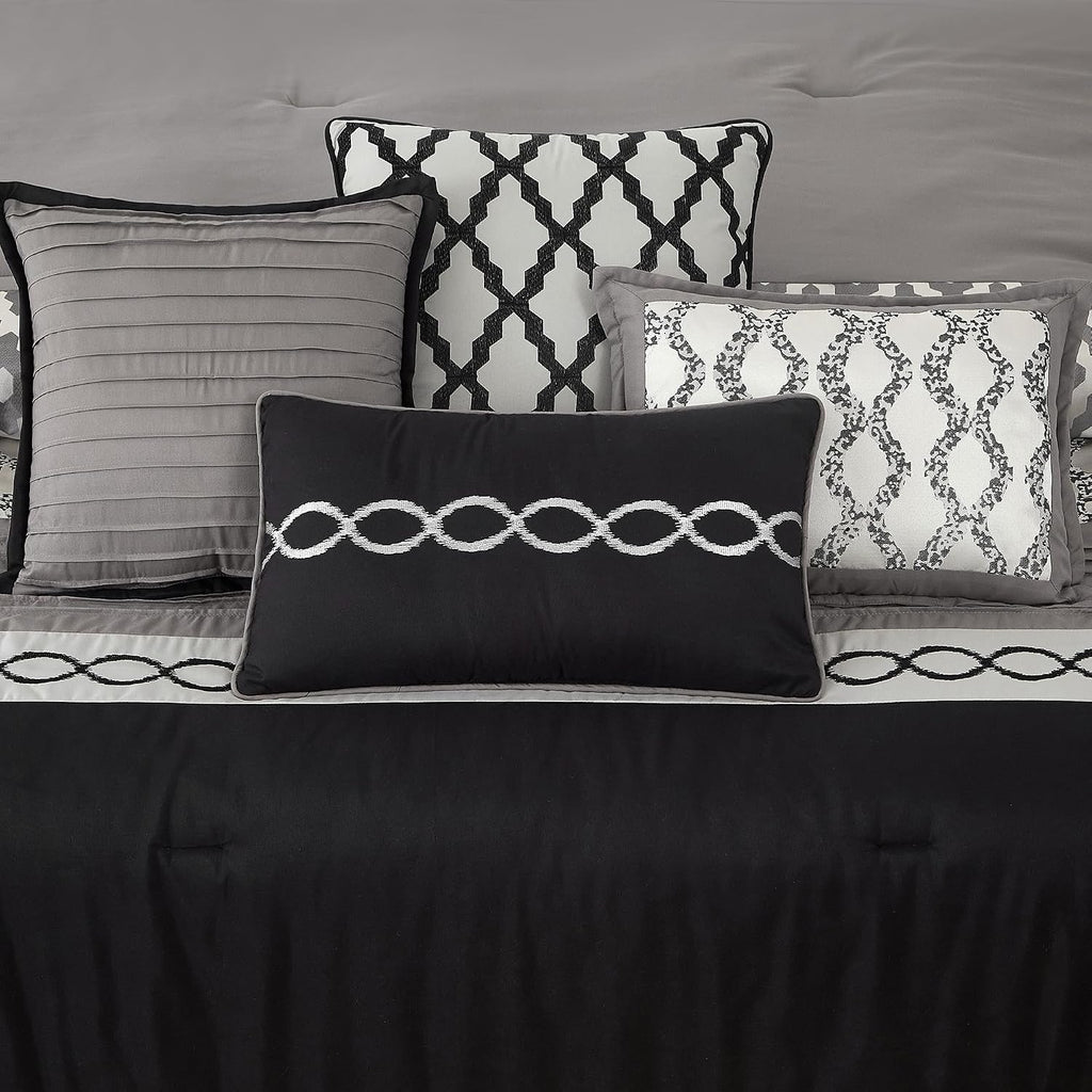 LANCO MODERN LIFESTYLE California King Comforter Set, Black, 10 Piece Bed in a Bag for All Seasons, Luxury Extreme Comfort Bedding Sets with Bedskirt, Pillow Shams, Euro Shams and Decor Pillows