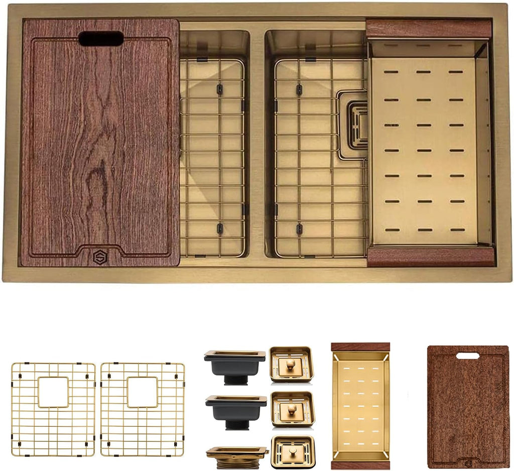 Strictly Sinks 32' Gold Undermount Workstation Kitchen Sink– Scratch and Stain Resistant –16 Gauge Double Bowl Bottom Grid, Wooden Cutting Board, Colander 1 Disposal Adapter & 2 Strainer Drains