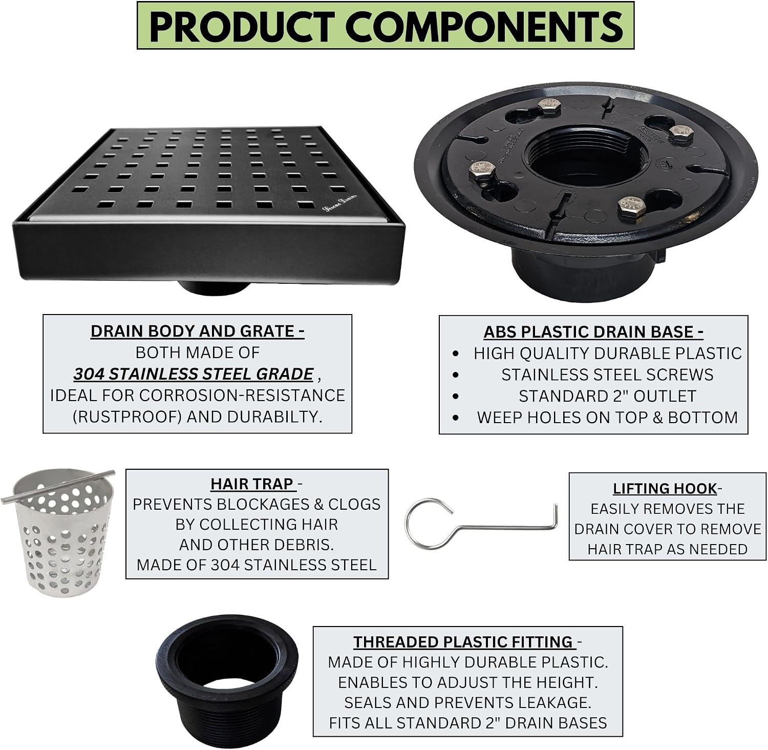 SereneDrains 304 Stainless Steel 6 Inch Square Matte Black Shower Drain Kit with Base Square Design for Tile Floor Drain Grate Cover Hair Catcher Trap Strainer Filter (Matte Black, ABS Plastic)
