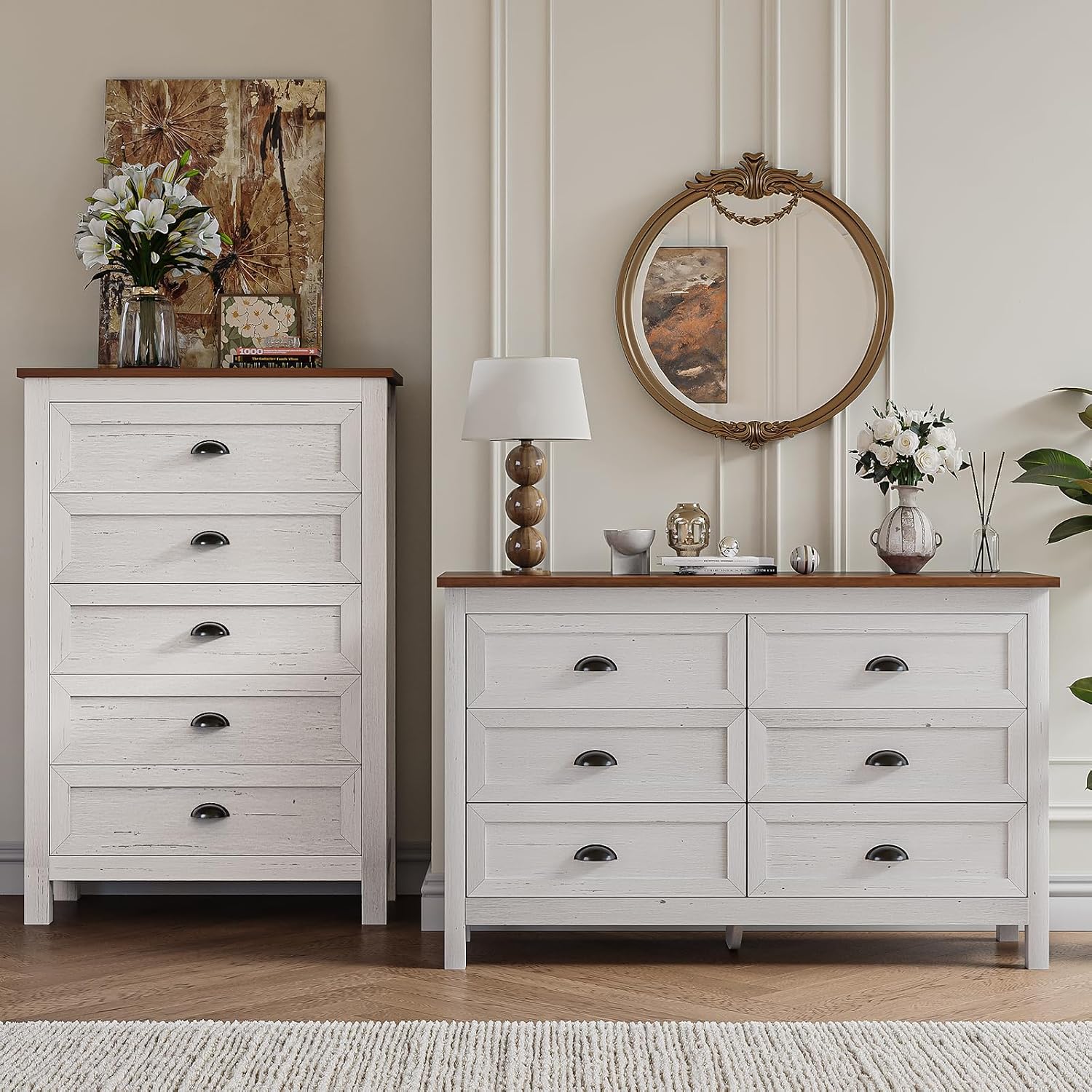 SINROM Farmhouse 2-Piece Bedroom Dresser Set, 6 Drawer Wide Dresser & 5 Drawer Tall Dressers, Distressed Wood Grain Finish with Shell Handles, Dressers Chest of Drawers for Bedroom