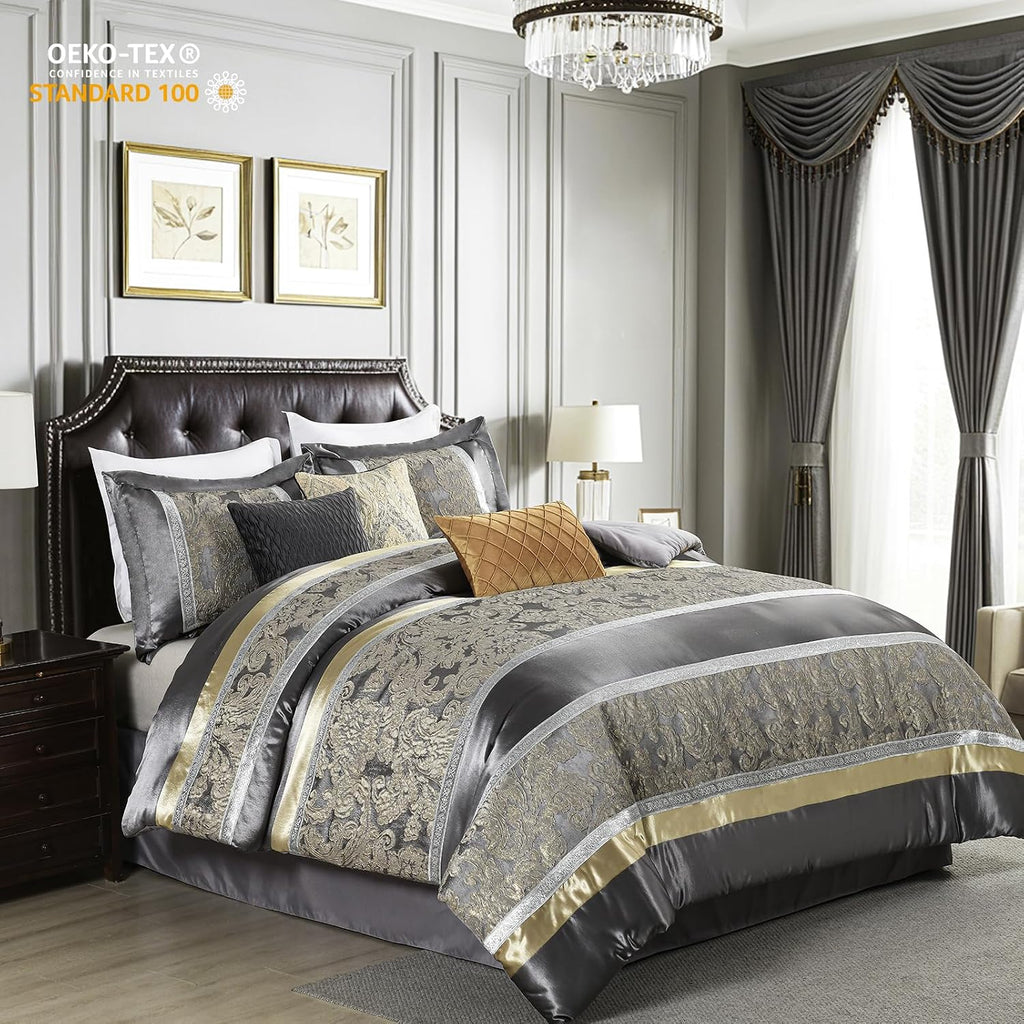 Finlonte Queen Size Comforter Set, Gray Gold, 7 Piece Bed in a Bag All Seasons, Luxury Vintage Floral Jacquard Patchwork Grey Stripe, Silky Soft Bedding Sets with Bed Skirt, Shams and Decor Pillows