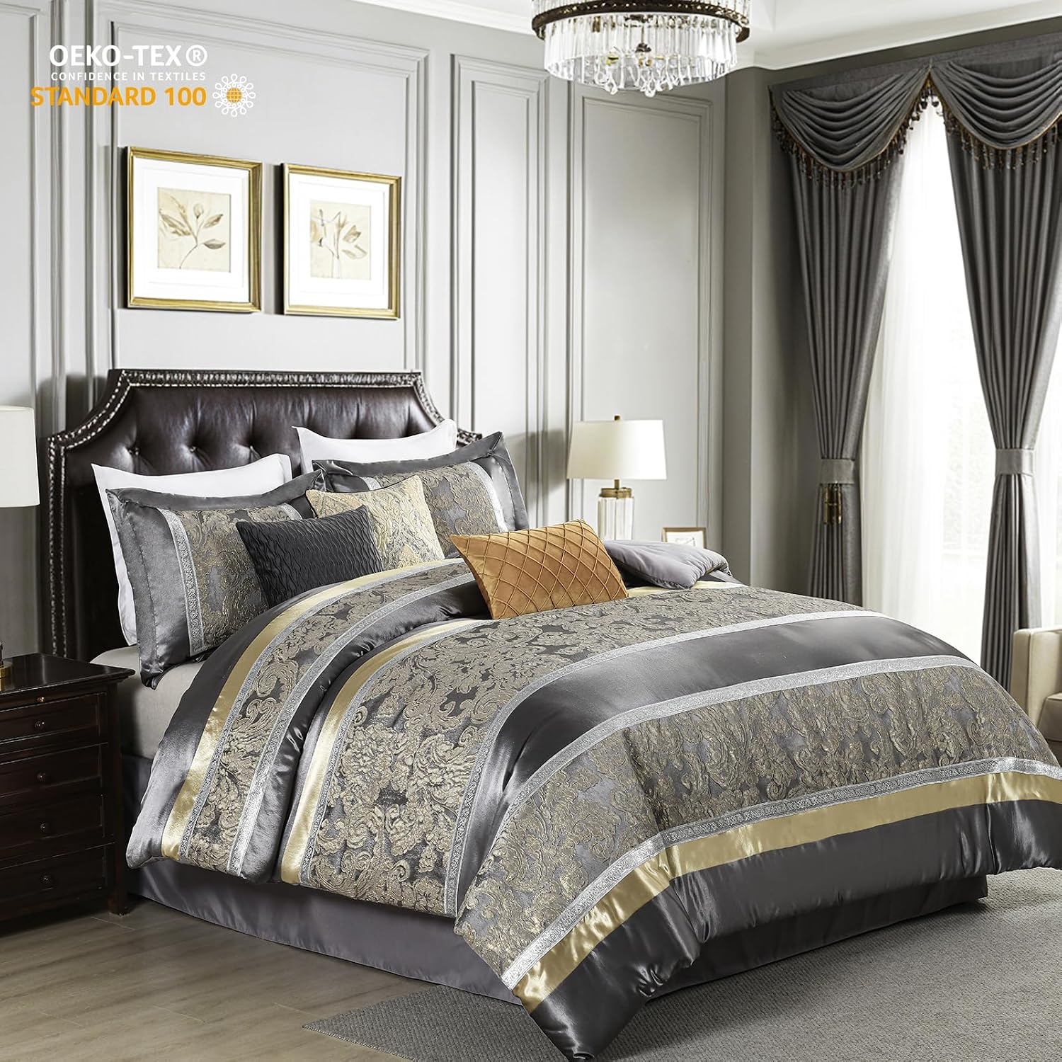 Finlonte Queen Size Comforter Set, Gray Gold, 7 Piece Bed in a Bag All Seasons, Luxury Vintage Floral Jacquard Patchwork Grey Stripe, Silky Soft Bedding Sets with Bed Skirt, Shams and Decor Pillows