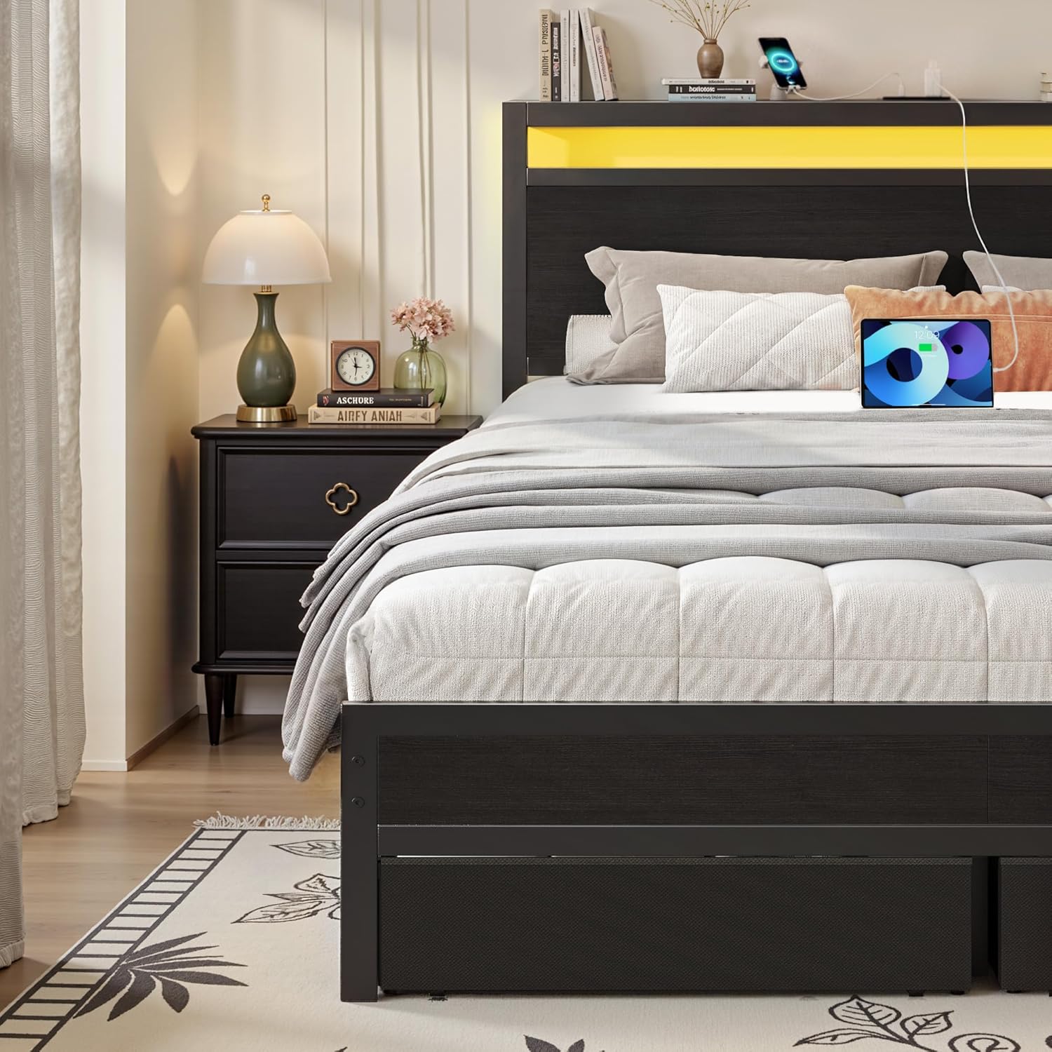 Fluest Queen Bed Frame,Queen Bed Frame with Storage Headboard & 2 Storage Drawer, Charging Station & LED Light, No Box Spring Needed, Noise Free, Easy Assembly, Classic Black