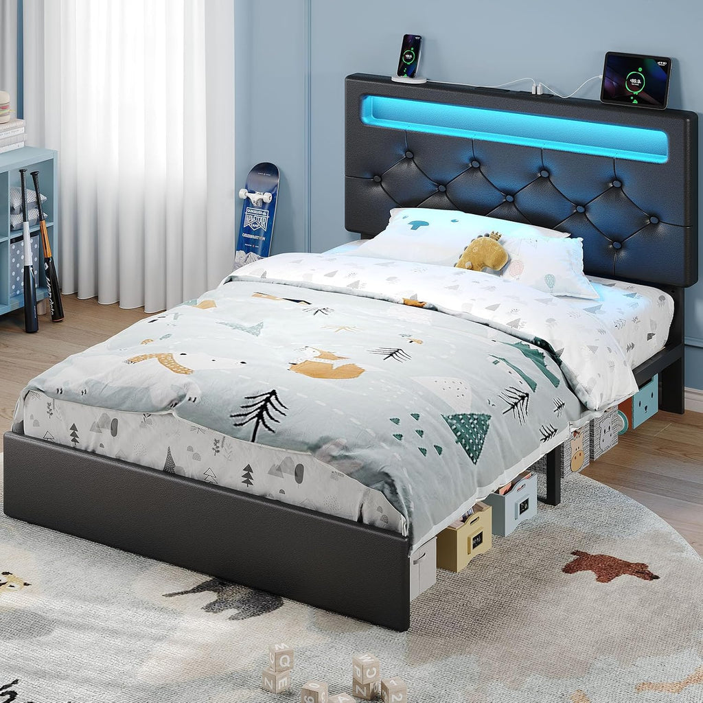 Rolanstar Twin Bed Frame with Charging Station, LED Bed with Under Bed Storage, Adjustable Headboard 38.9/40.8 Inches, No Box Spring Needed, Noise Free, Easy Assembly, Black