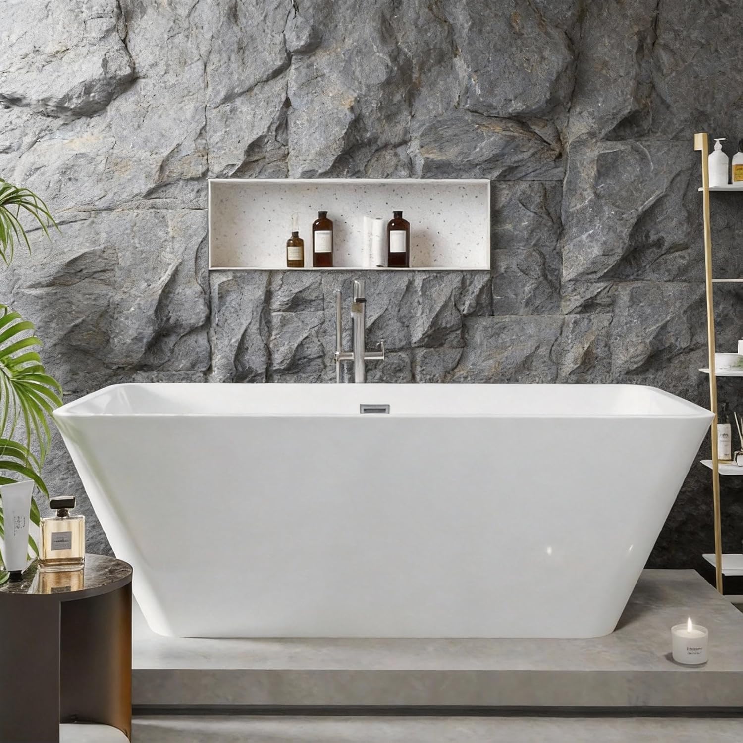 66'Acrylic Freestanding Bathtub, Modern Soaking Tub with Matte Drain and Black Overflow, Glossy White, Deep Ergonomic Design, Double-Walled Insulation, CUPC Certified Bath Tub