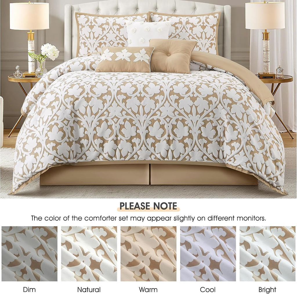 LANCO MODERN LIFESTYLE 7 Pieces Comforter Set, Queen, Khaki, Jacquard Floral Pattern and Classy Damask Medallion Design, Ultra Soft, Includes Bed Skirt, Shams, and Decorative Pillows