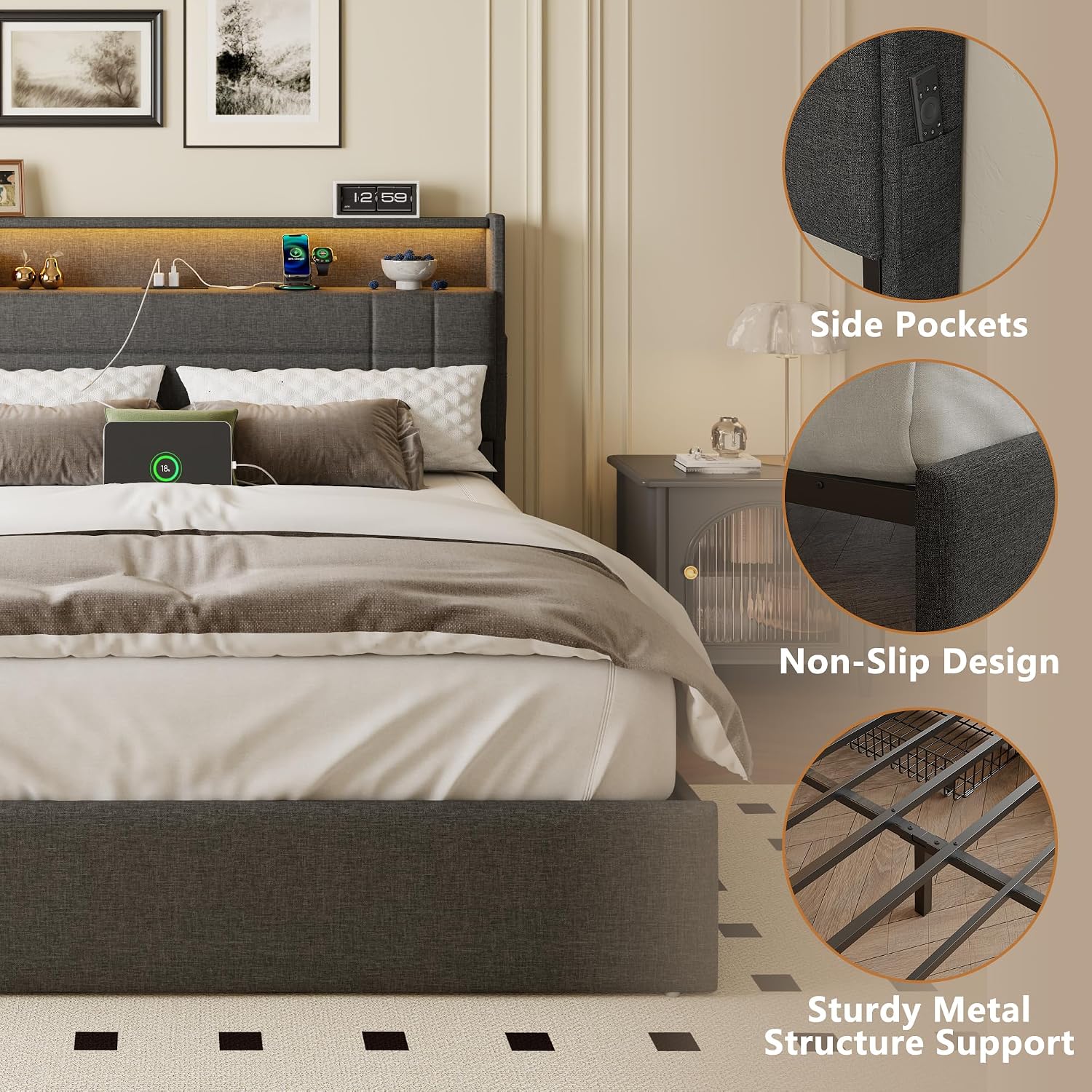 Forestell Full Size Bed Frame with 4 Drawers and Storage Headboard, Grey Upholstered Platform Bed Frame Full Size with Charging Station and LED Lights, Metal Slats Support, No Box Spring Needed