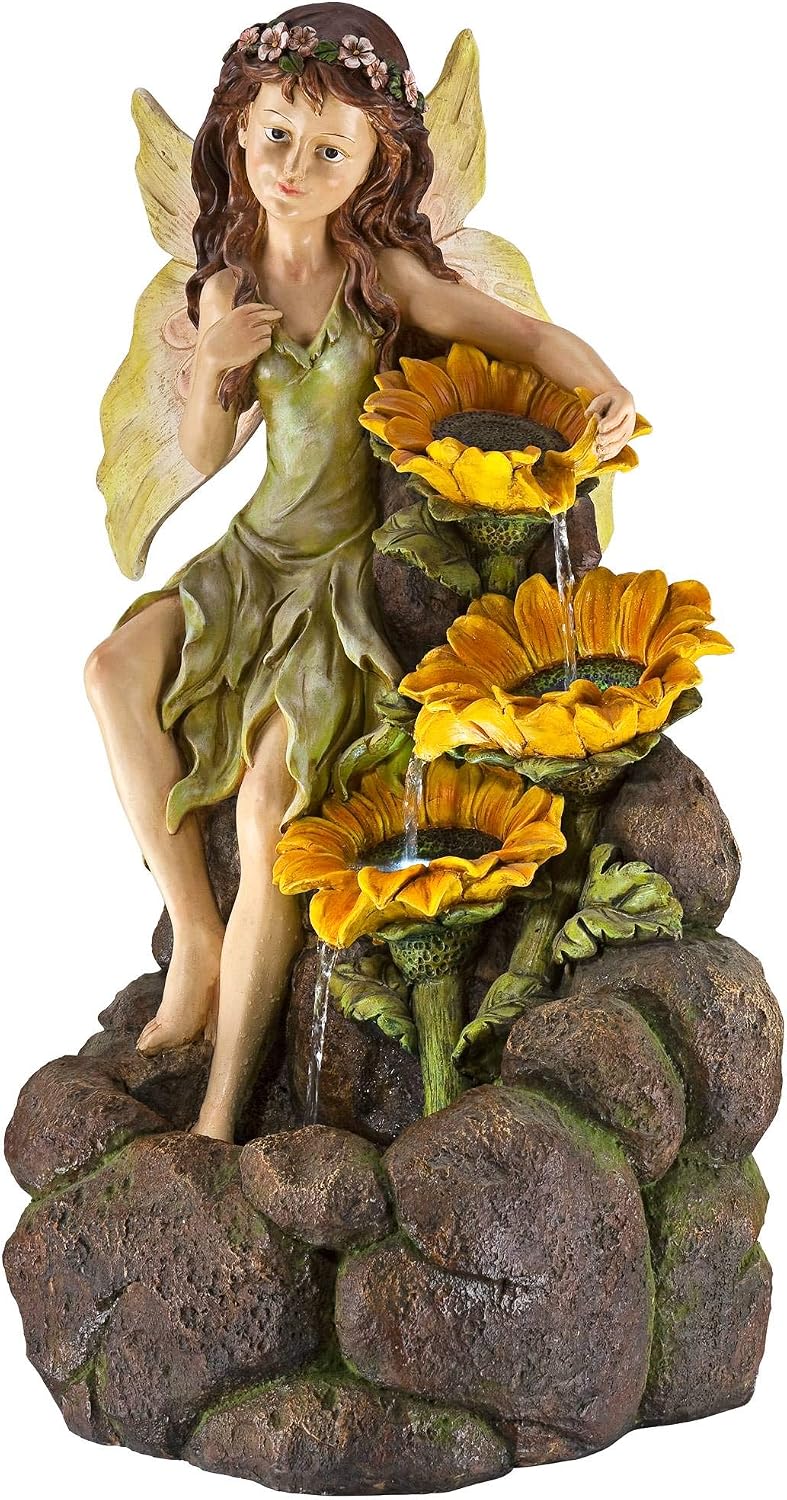 Garden Fairy with Sunflowers 26' High Large Modern Indoor Outdoor Cottage Core Decor Faux Stone Floor Fountain with Light LED Cascading Water Feature for Outside Patio Yard Backyard - John Timberland
