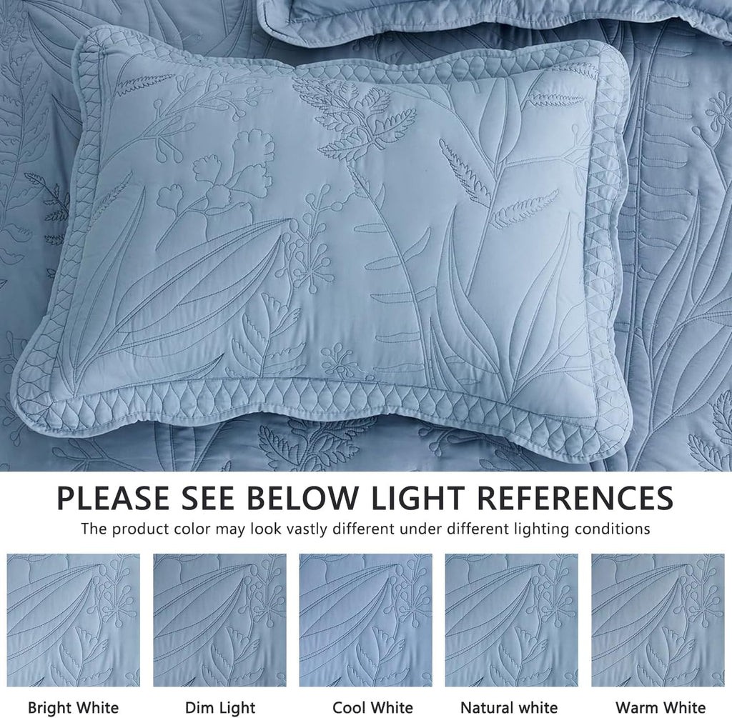 DaisyHuang Botanical Bedspread Full Size - Leaves Pattern Stitching Quilt Set - Elegant & Fresh Style Bedding Coverlets, Reversible, Lightweight, 5 Piece, Ashley Blue