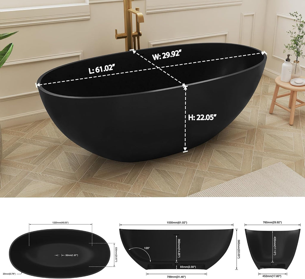 SJ STAR&JANE 61' Solid Surface Freestanding Bathtub, Matte Black Oval Soaking Stone Resin Tub with Overflow and Pop-up Drain for Modern Bathrooms