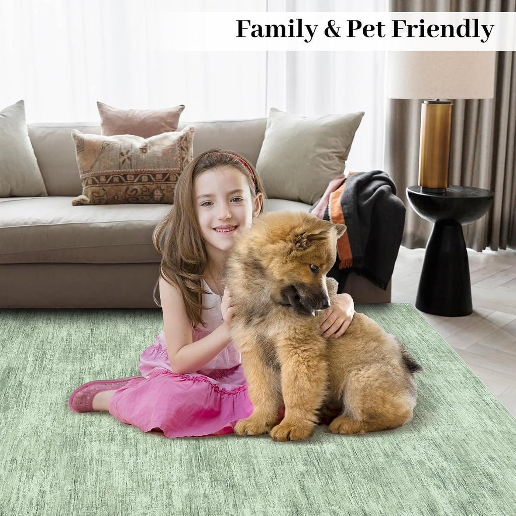 RUGSREAL Living Room Area Rug 9x12 Machine Washable Rug Non-Slip Stain Resistant Modern Abstract Carpet Contemporary Accent Throw Floor Carpet for Dining Room Solid Area Rug for Home Office, Green