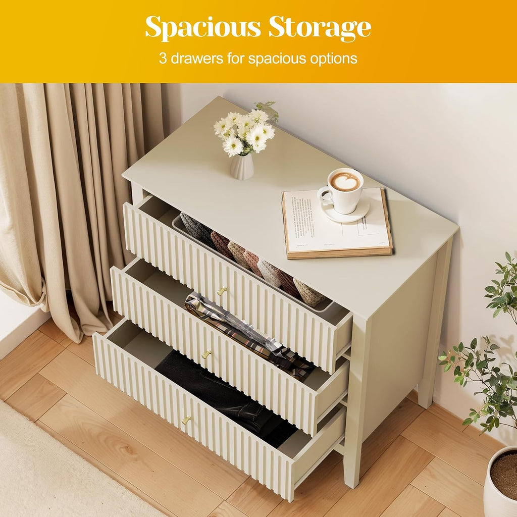 May in Color Large Beige Fluted 3 Drawer Dresser Set of 2, Chest of Drawers with Ball Bearing Slide Modern 30 inch Tall Wood Nightstand with Spacious Storage for Bedroom Hallway Living Room Entryway