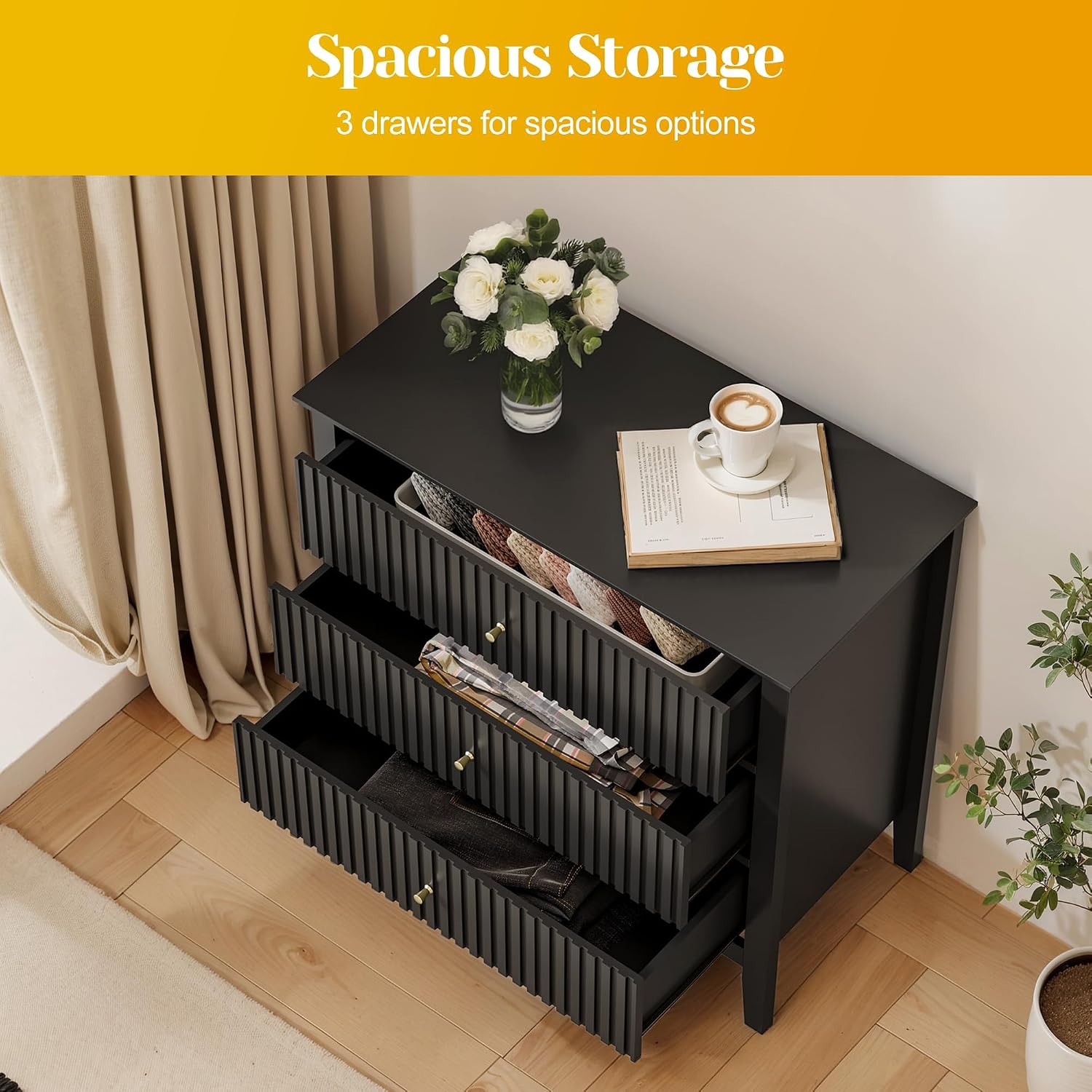 May in Color Large Black Fluted 3 Drawer Dresser Set of 2, Chest of Drawers with Ball Bearing Slide Modern 30 inch Tall Wood Nightstand with Spacious Storage for Bedroom Hallway Living Room Entryway
