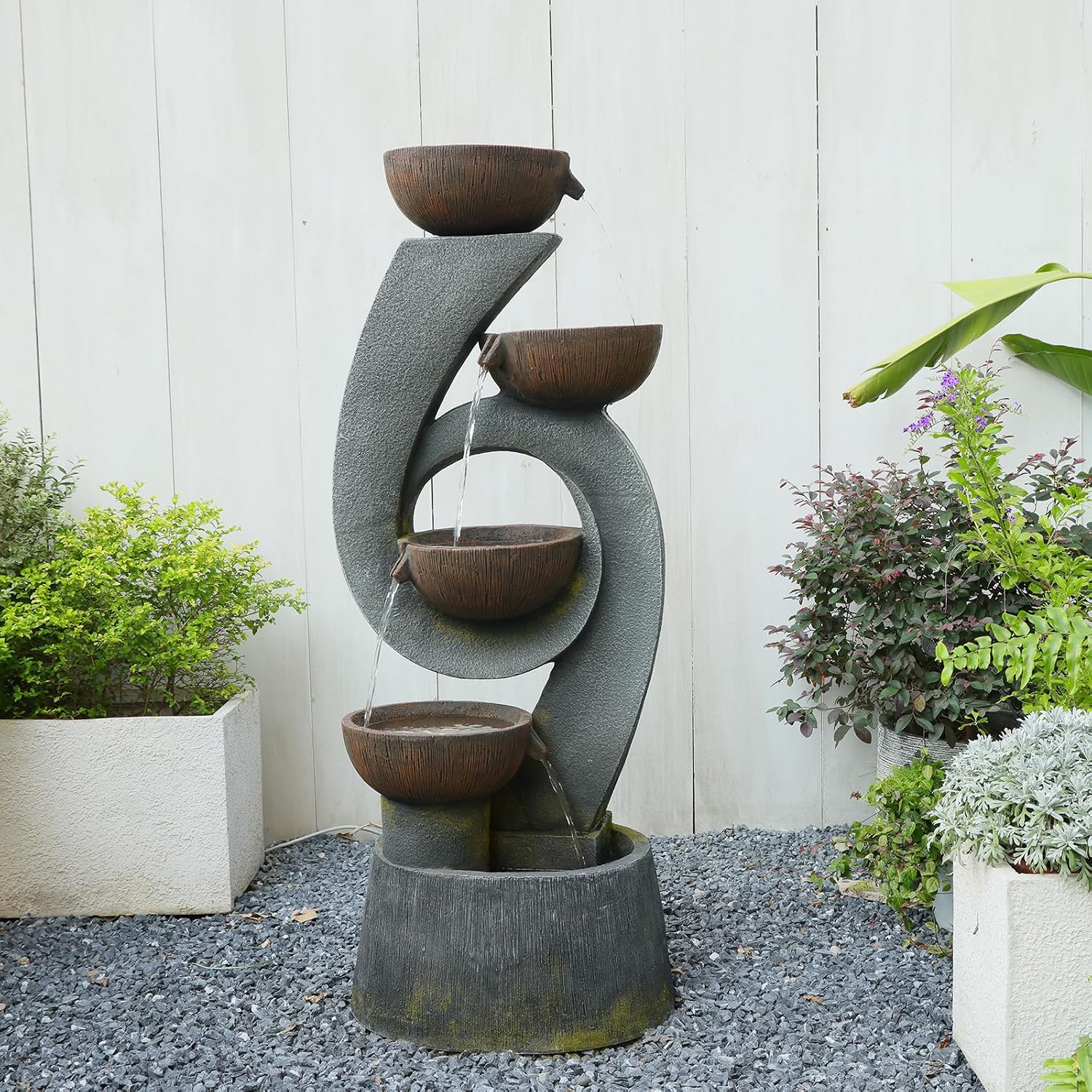 Sunlinua 46.8''H Outdoor Water Fountains - 5-Tiered Garden Fountains Outdoor for Patio, Yard, Balcony, Porch, Modern Resin Waterfall Feature for Outside with Light, Cascading Bowl Water Feature Gray