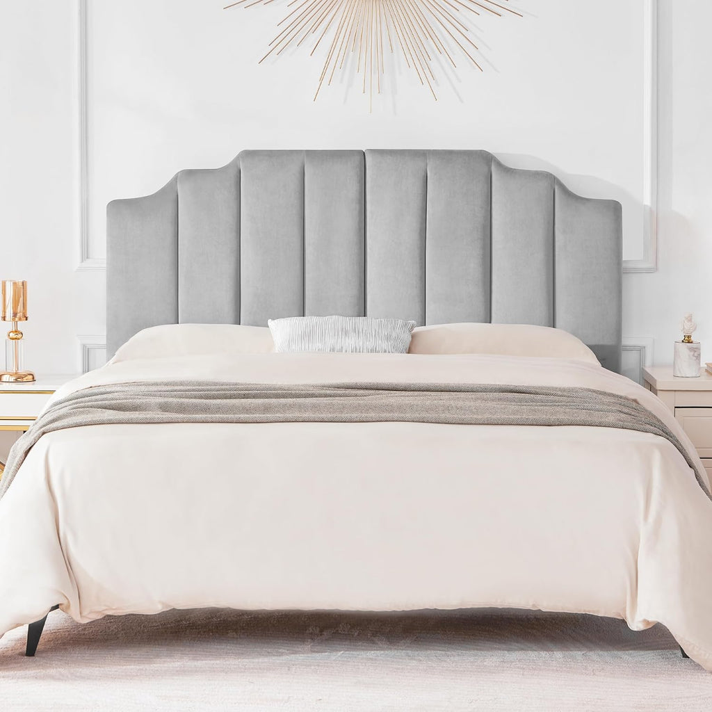 Huatean Home Velvet Upholstered Headboard Queen, Tufted Headboard, Elegantly Curved headboard only, Soft Padded headboards Queen Size, Modern Vertical Channel Design Head Board, Soft Grey