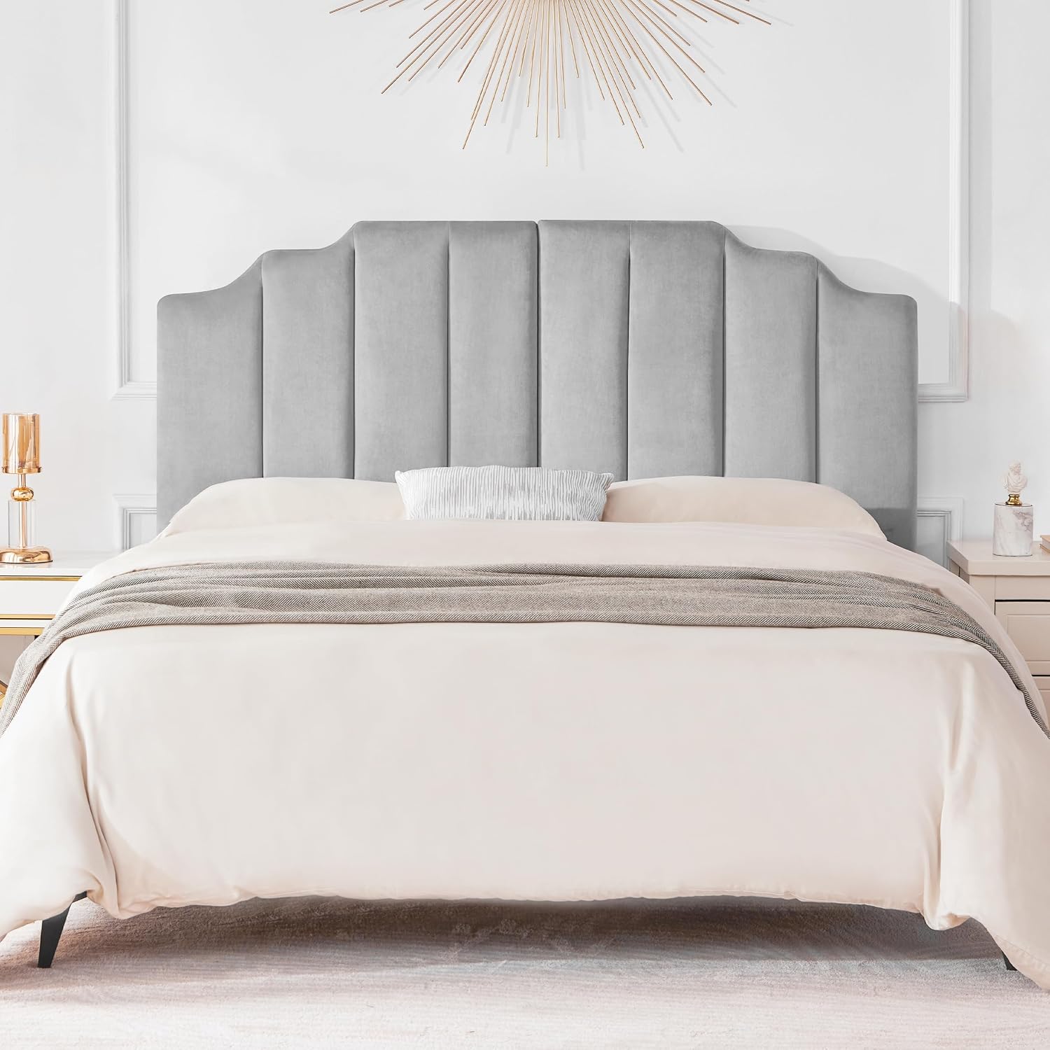 Huatean Home Velvet Upholstered Headboard Queen, Tufted Headboard, Elegantly Curved headboard only, Soft Padded headboards Queen Size, Modern Vertical Channel Design Head Board, Soft Grey