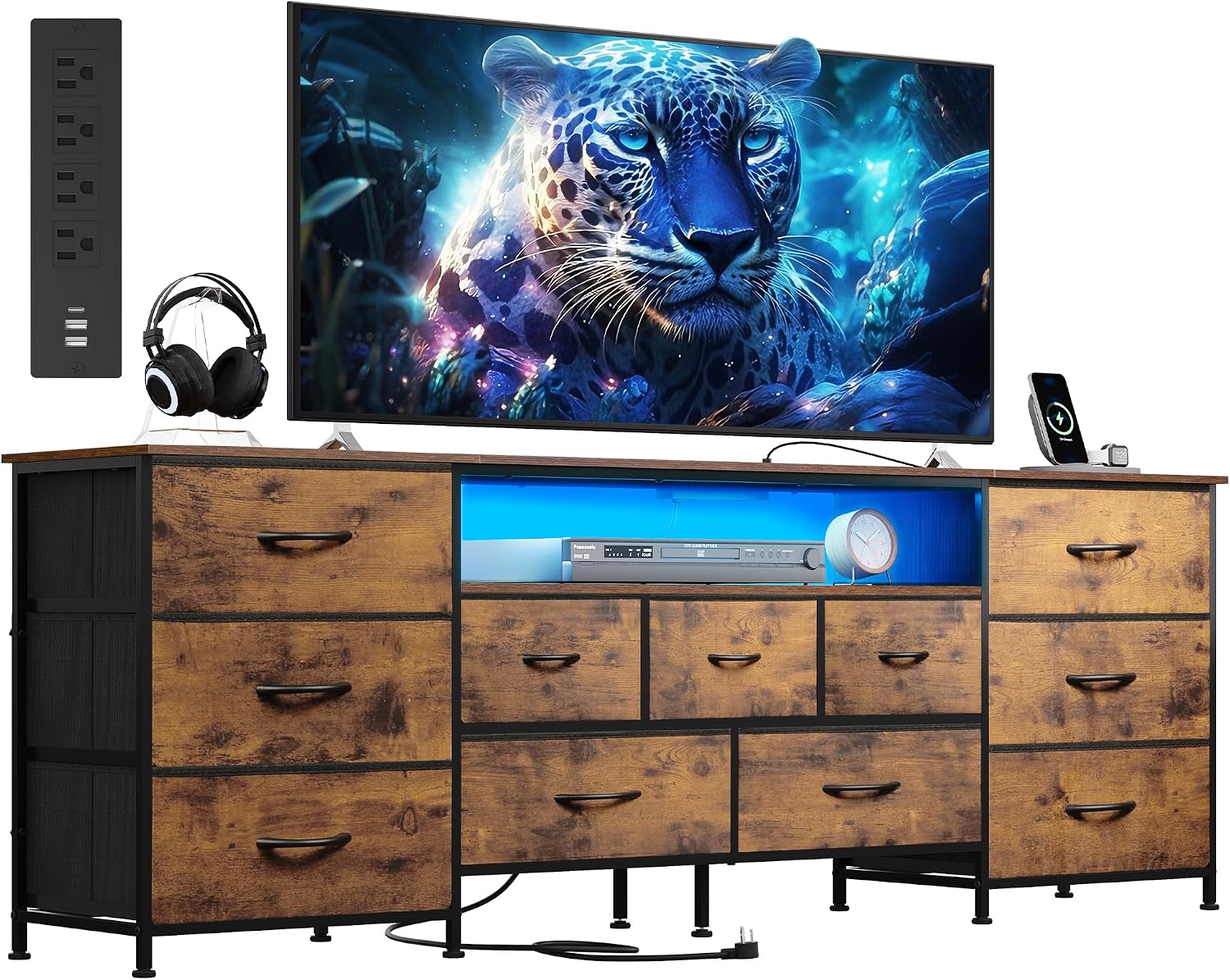 WLIVE 75.5' TV Stand for 65, 75, 80, 85 Inch TV, Dresser for Bedroom with Power Outlets & LED Lights, 11 Drawer Fabric Dresser with Open Shelves, Entertainment Center with Storage, Rustic Brown