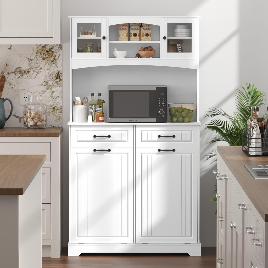 Double 13 Gallon Tilt Out Trash Can Cabinet with Deodorizing Function and Power Outlet, 71' Tall Wooden Garbage Can Holder Cabinet with 2 Storage Hutch & 2 Drawers for Kitchen and Dining Room, White