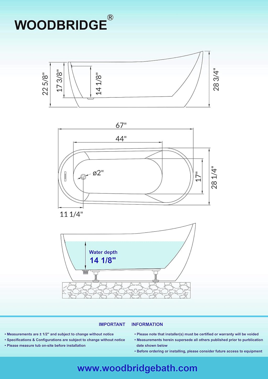 WOODBRIDGE 67'Freestanding White Acylic Soaking Bathtub with Brushed Nickel Drain and Overflow,BTA1508 -B/N-Drain &O
