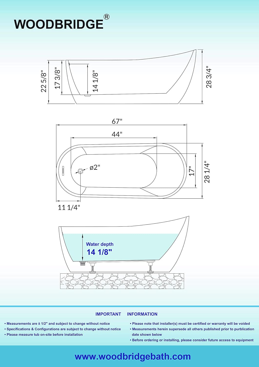 WOODBRIDGE 67'Freestanding White Acylic Soaking Bathtub with Brushed Nickel Drain and Overflow,BTA1508 -B/N-Drain &O