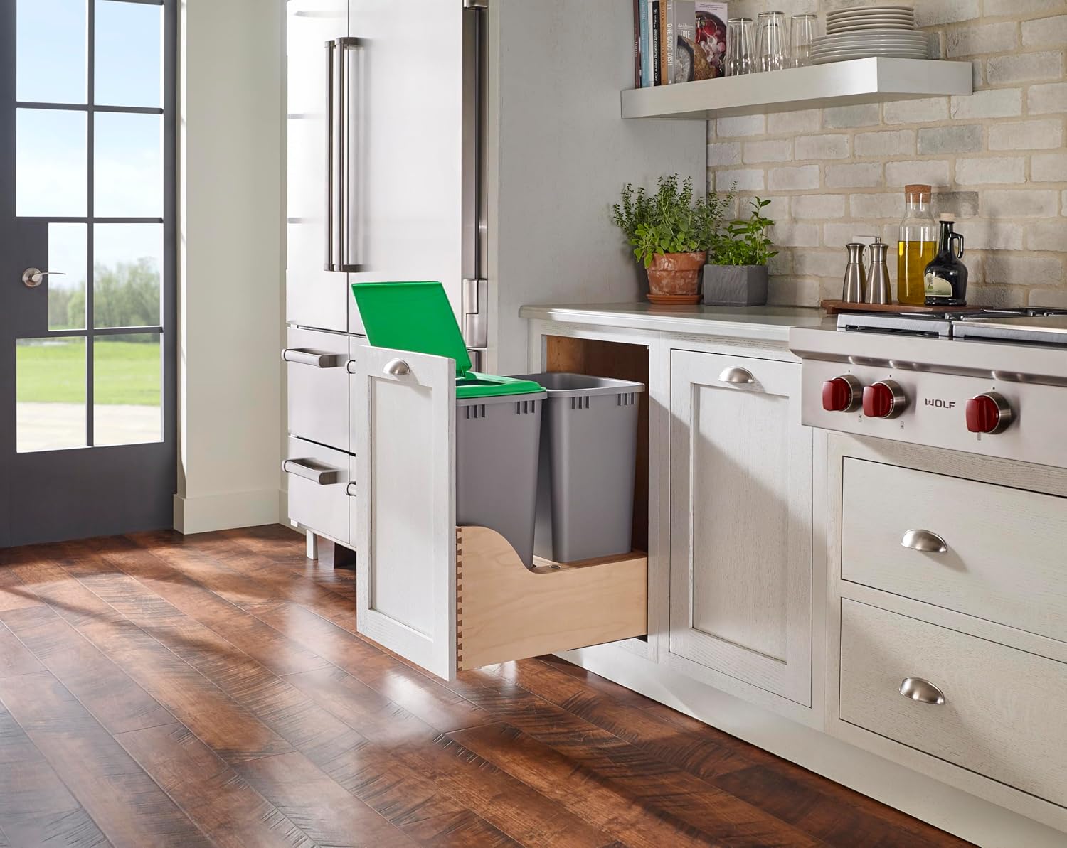 Rev-A-Shelf 50 Qt Bottom Mount Double Pullout Under Cabinet Kitchen Trash Cans w/Soft-Close & 1 Lid for Base Cabinets, Min Opening Width of 18', Silver, 4WCSC-2150DM-2